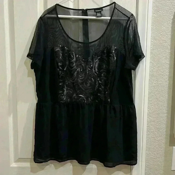 Torrid 2X Black Sequined Mesh Sheer Babydoll Peplum Sweetheart Top - Picture 1 of 10
